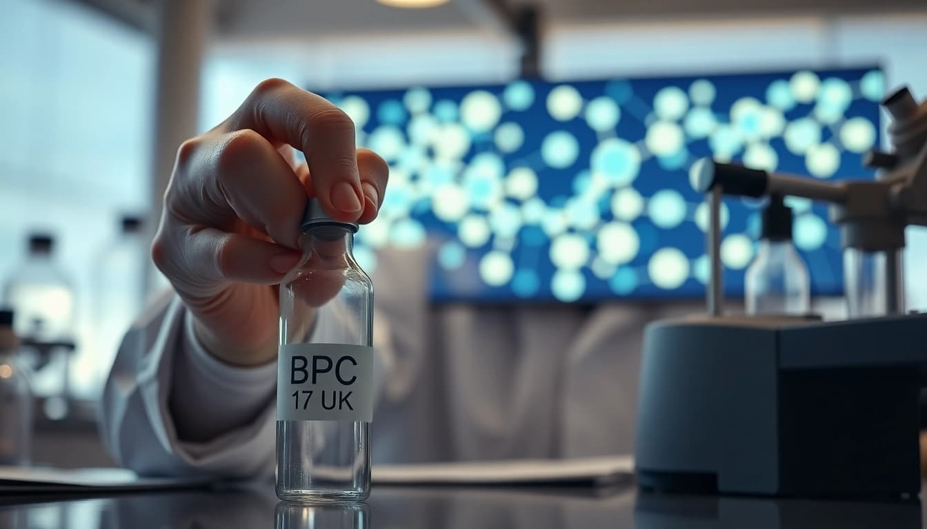 Researcher analyzing BPC 157 UK in a state-of-the-art lab with scientific instruments.