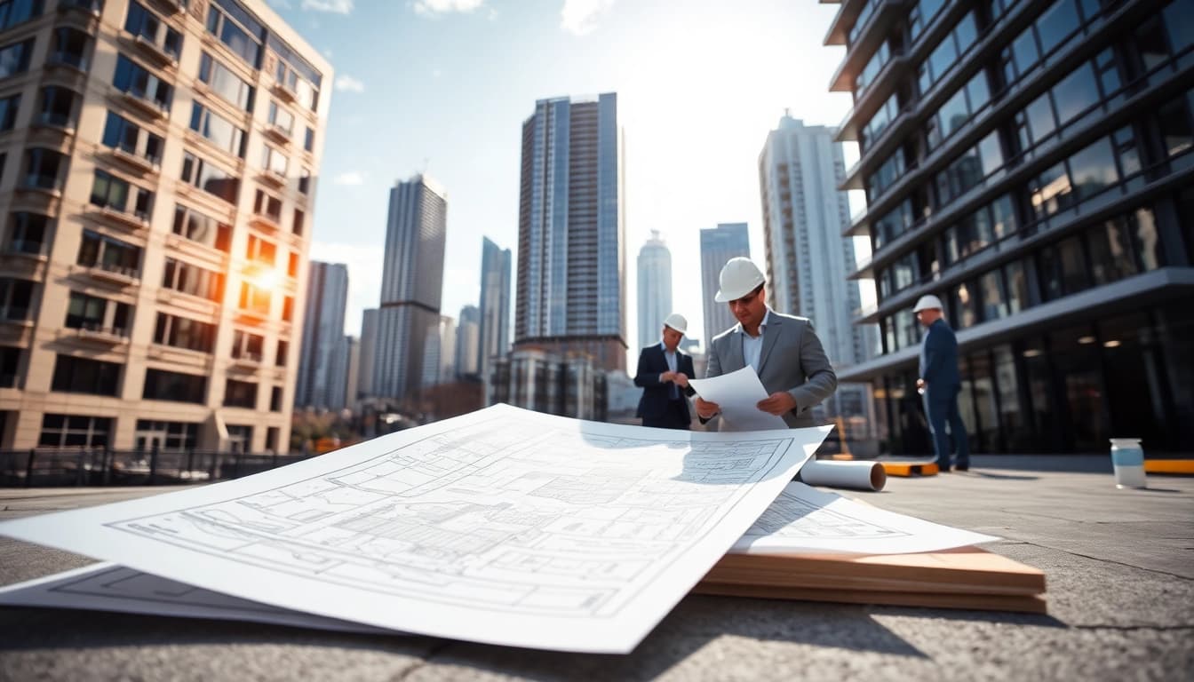 Captivating view of real estate development with builders and blueprints in an urban landscape.
