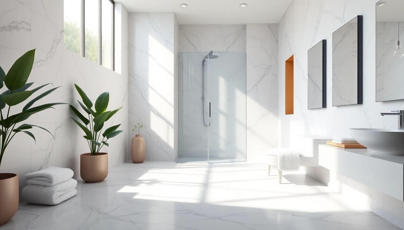 Experience elegance in showers au with a modern bathroom featuring a glass-enclosed design and natural lighting.
