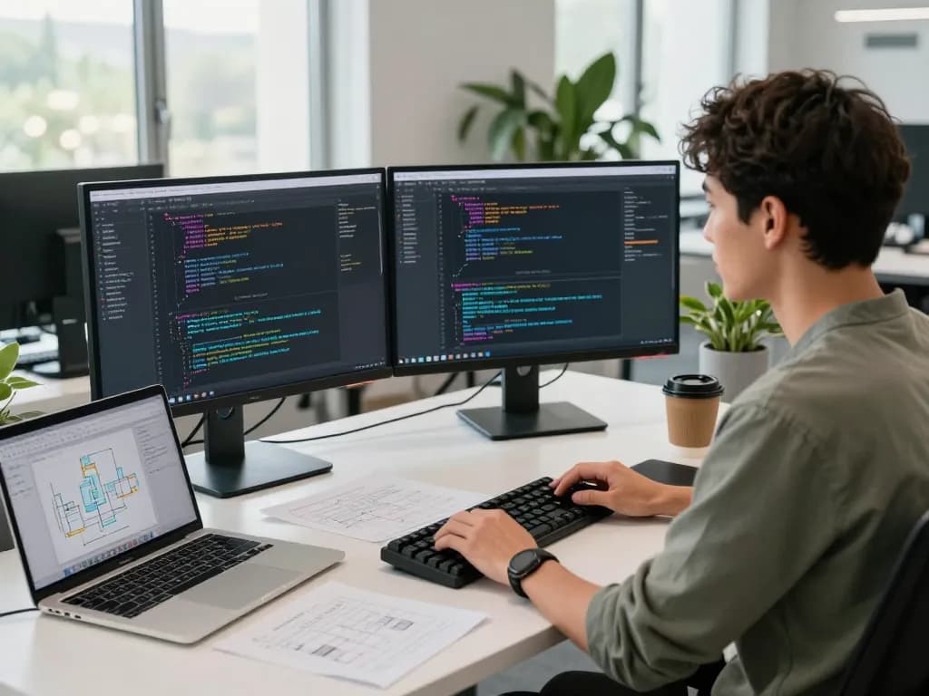 Molt bot developer working on dual monitors in a modern tech workspace.