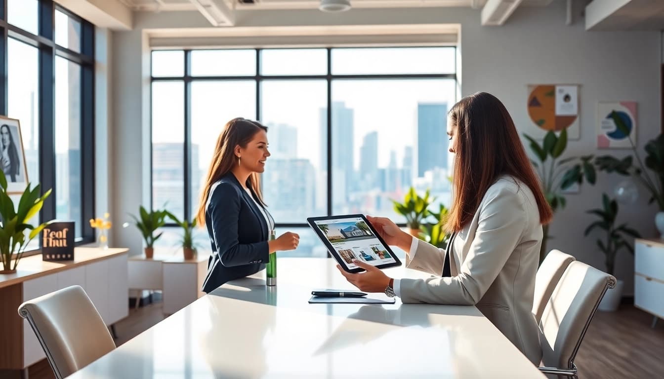 Engaging real estate agent showcasing seamless property listings in a modern office.