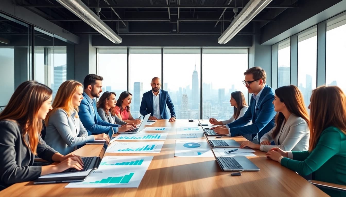 Engaging professionals discussing business growth insights during a meeting in a modern office.