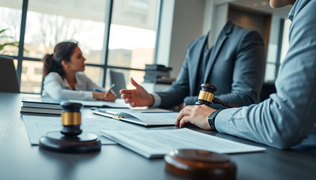 Beratung im Arbeitsrecht: Anwaltsgespräch mit Klienten in modernem Büro.