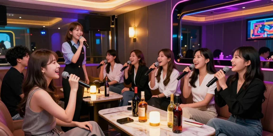 인천쓰리노 유흥 공간에서 손님들과 여성 매니저가 함께 즐기는 모습