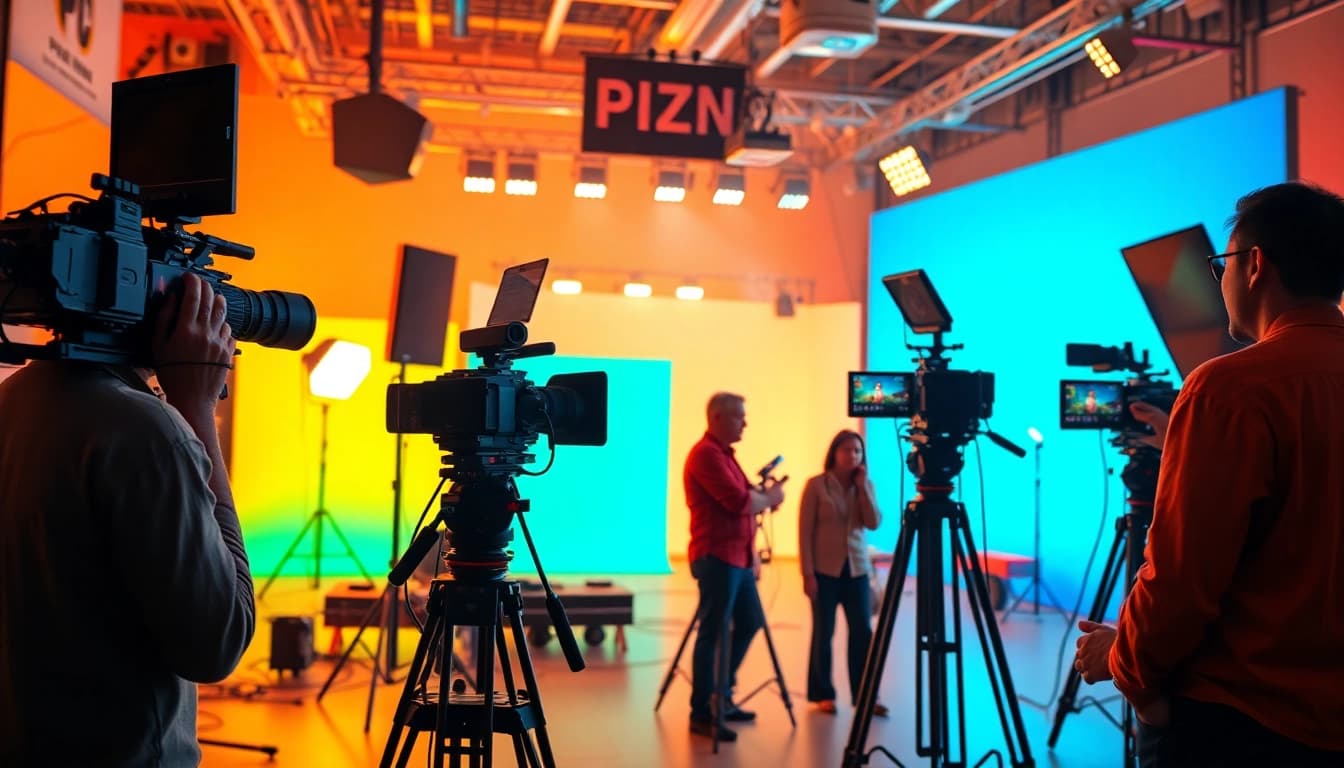 Engaged video production Phoenix team working creatively in a well-equipped studio setting.