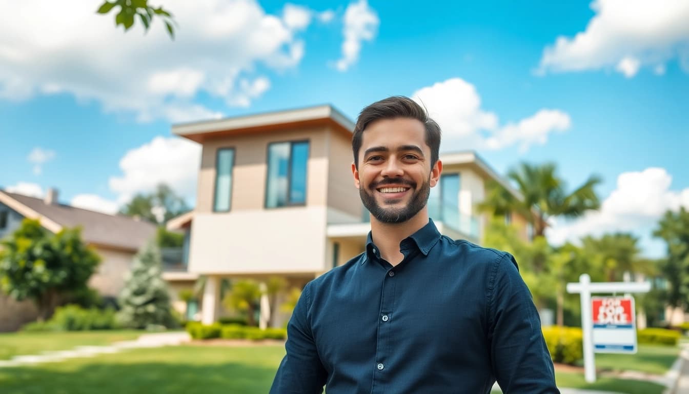 Engaging real estate agent in front of a beautiful home, inviting buyers to explore Real Estate options.