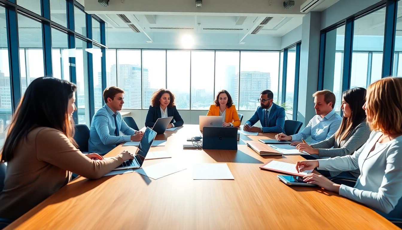 Business professionals collaborating in a modern office setting to enhance productivity.