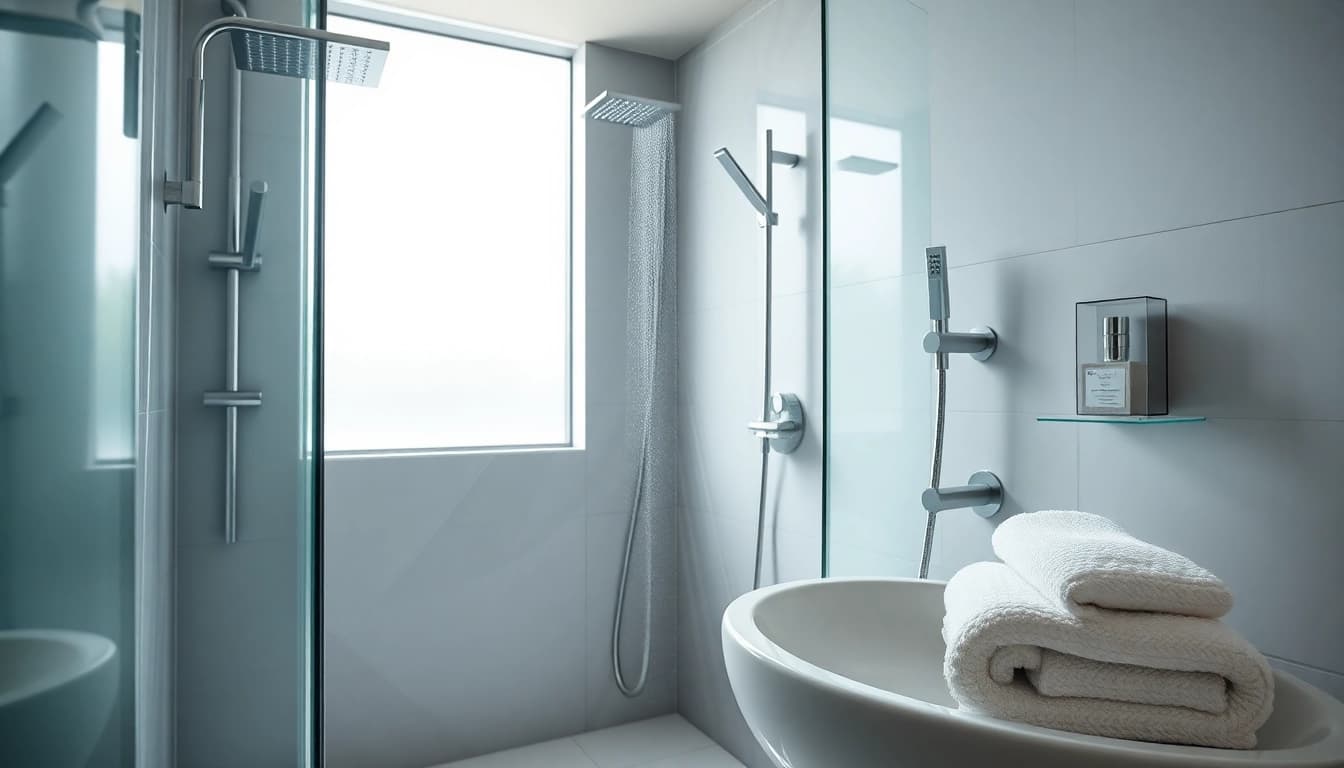 Experience elegant showers in a stylish modern bathroom with luxurious details.