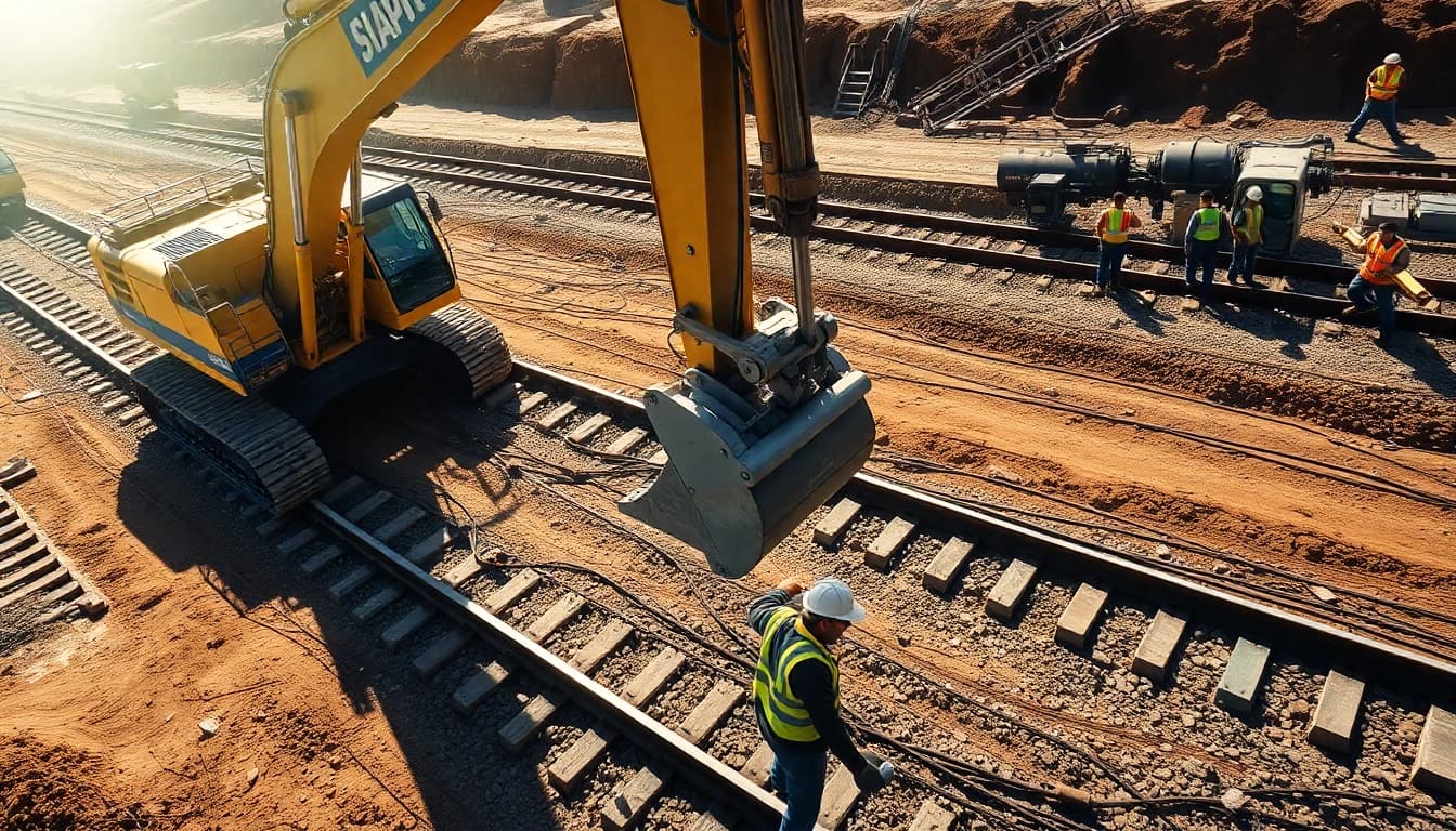 Railroad Track Construction Company overseeing active site work with machinery and workers at a construction site.