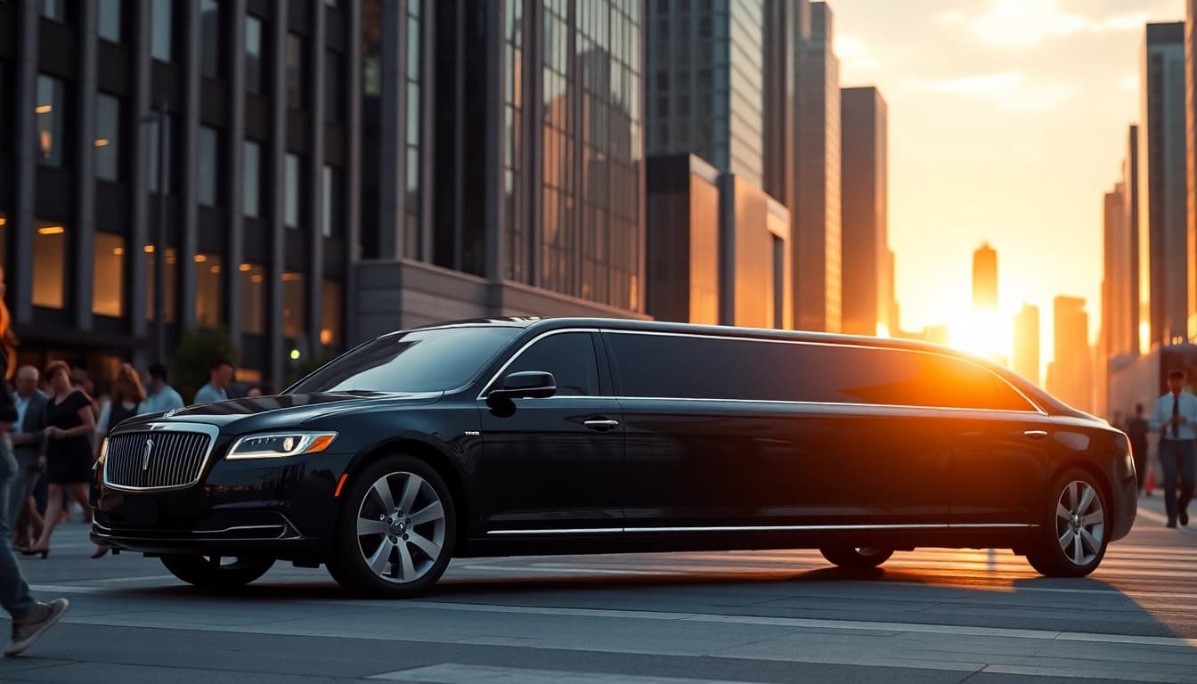 Experience luxury with our limo services near me, featuring an elegant stretch limousine in a vibrant city setting.