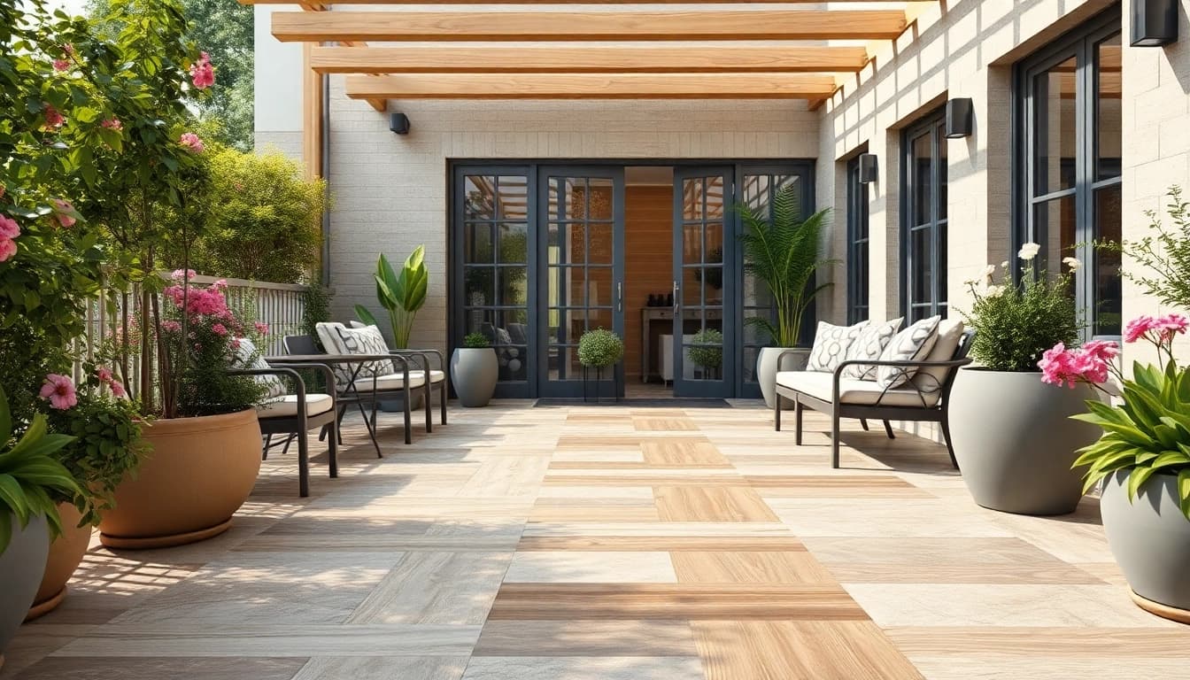 Carrelage extérieur élégant sur une terrasse avec des carreaux antidérapants et une végétation luxuriante.