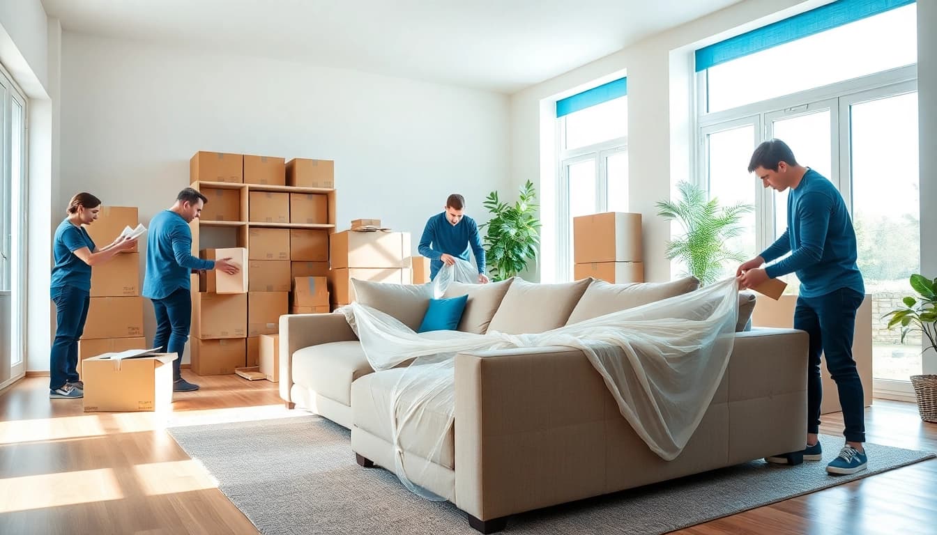 House removal companies team packing efficiently in a warm living room setting.