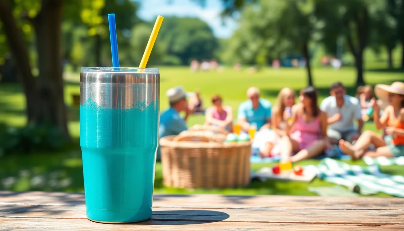 Tumblers arranged for a sunny picnic setting with vibrant colors and inviting atmosphere.