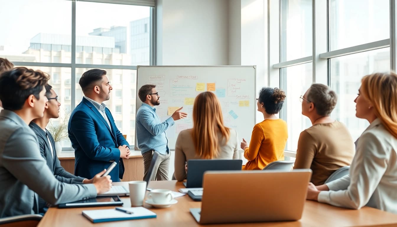 Engaged clients working with a business coach near me in a bright and modern office setting.