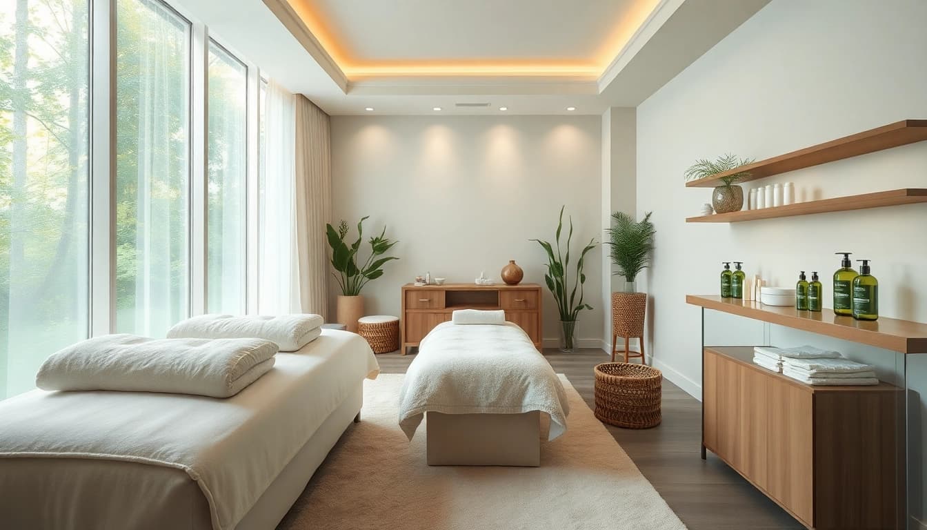Relaxing view of the best beauty spas treatment room with calming decor and natural light.