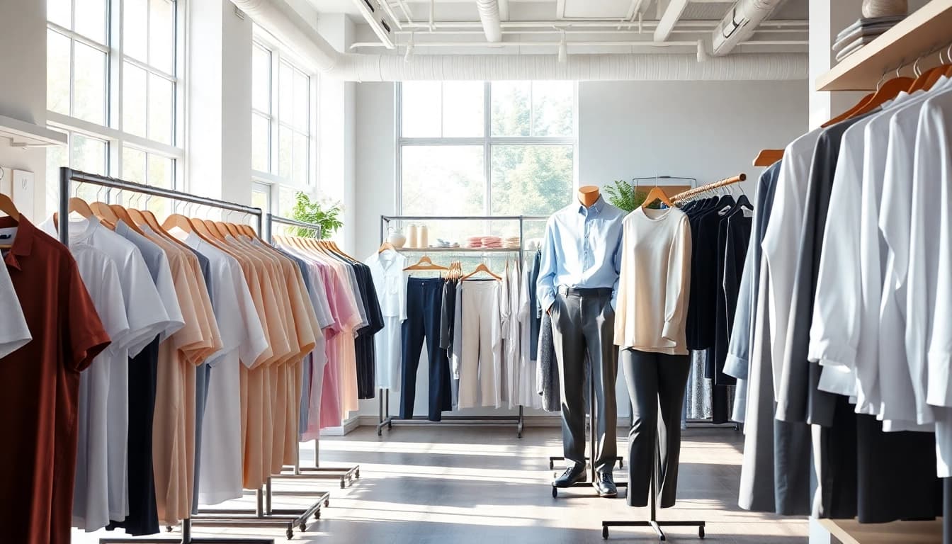 Browse stylish casual wear at https://www.clothingcasual.com, featuring organized racks of vibrant clothing.