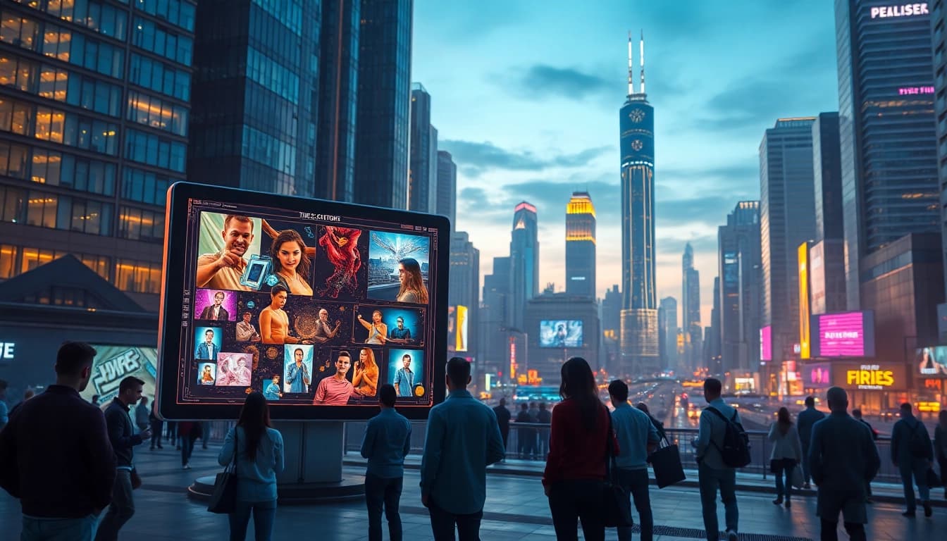 Users creating unique artworks with an innovative image generator in a futuristic city setting.