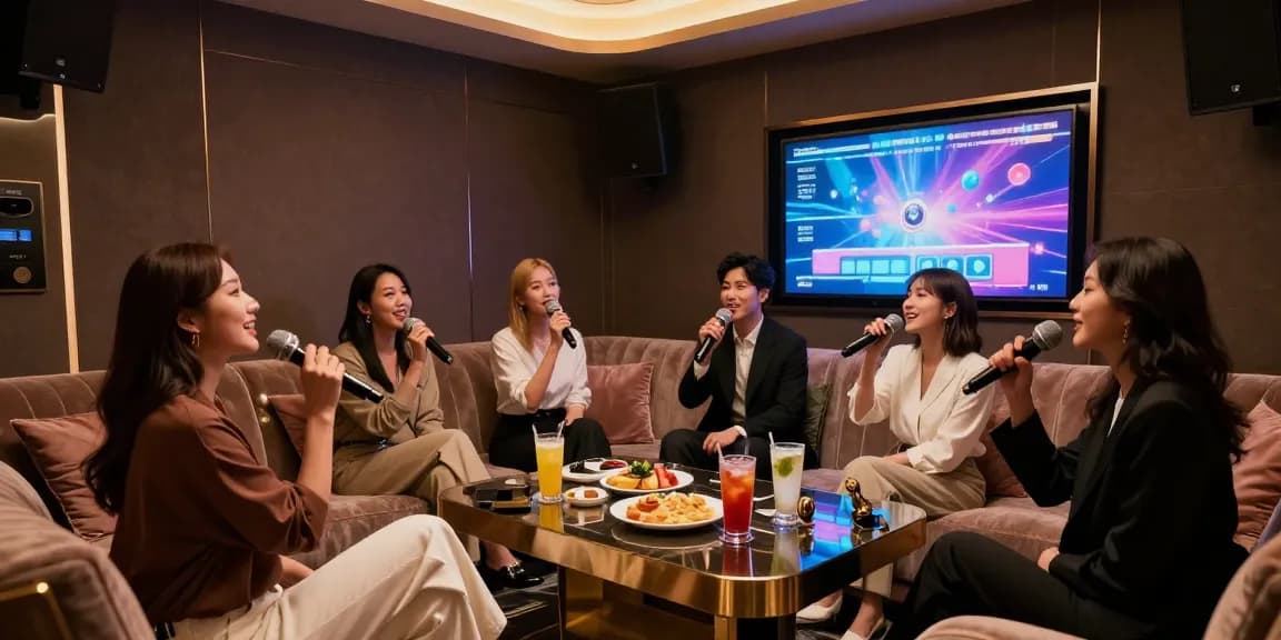 강남쩜오에서의 고급스러운 노래방 룸에서 친구들이 즐거운 시간을 보내는 모습