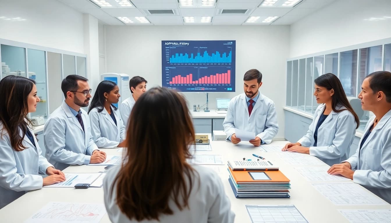 Investigating the ADAPTABLE Aspirin Study with a professional healthcare research team in a modern lab.