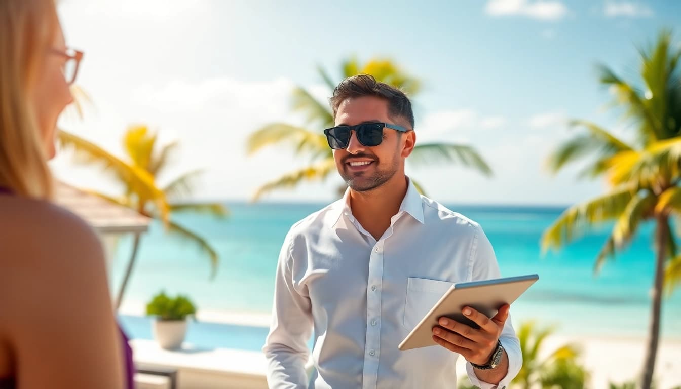 Belize Real Estate Agent consulting clients near a beachfront property.
