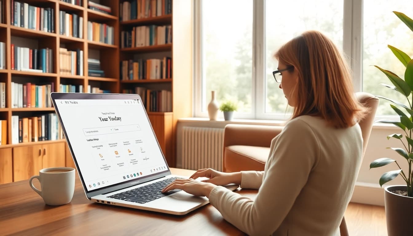 Engaging scene of a user utilizing youdao翻译 on a laptop in a cozy study.