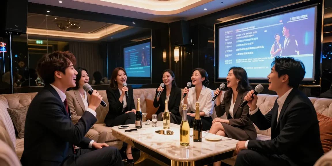 강남쩜오의 고급스럽고 프라이빗 한 노래방 공간에서 즐겁게 노래하는 모습