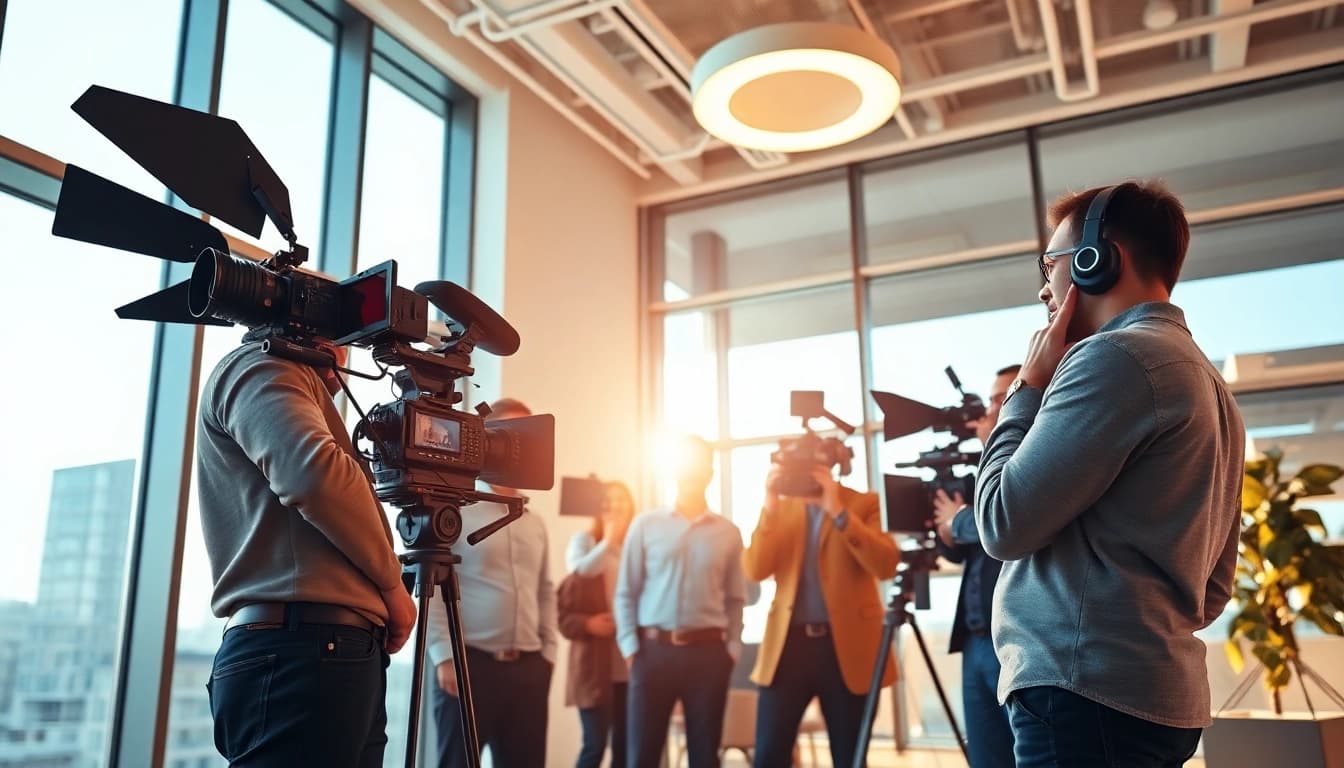 Showcasing Corporate Video Production team in action, collaborating creatively in a bright office.
