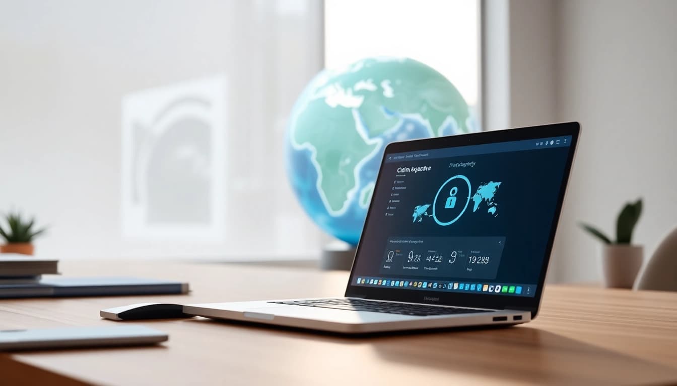 快连下载 application displayed on a modern laptop in a secure, private workspace.