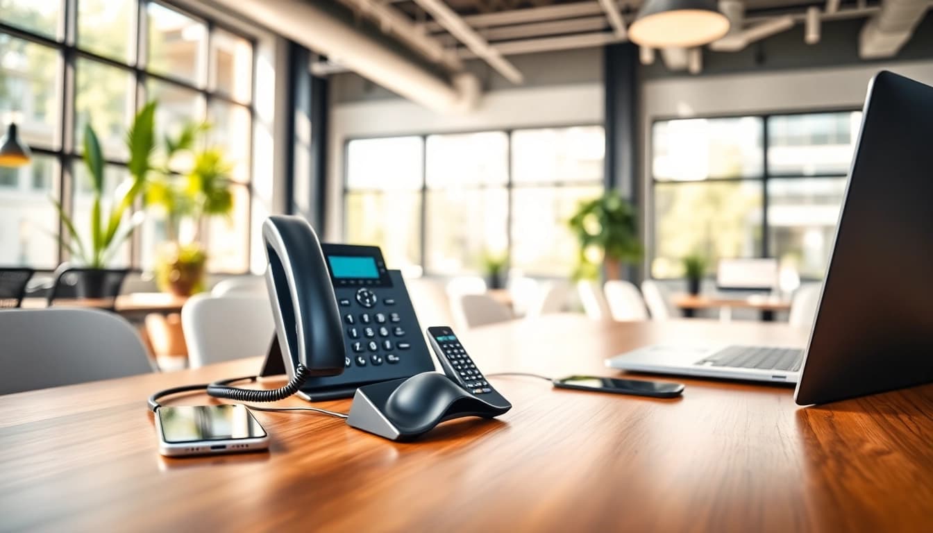 Showcasing a business phone setup with modern devices in an engaging office environment