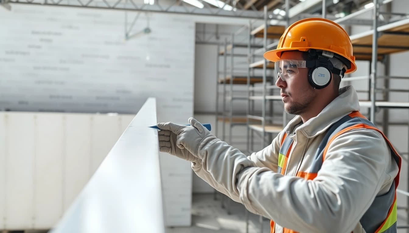 Applying intumescent fireproofing to steel beams by a professional in a construction site.