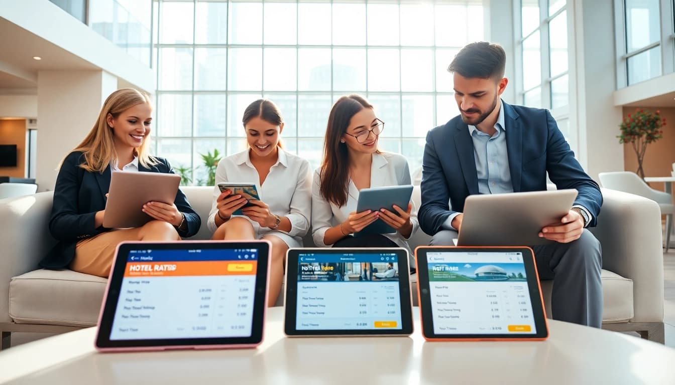 Compare Rates for Hotels using advanced digital tools in a stylish hotel lobby.