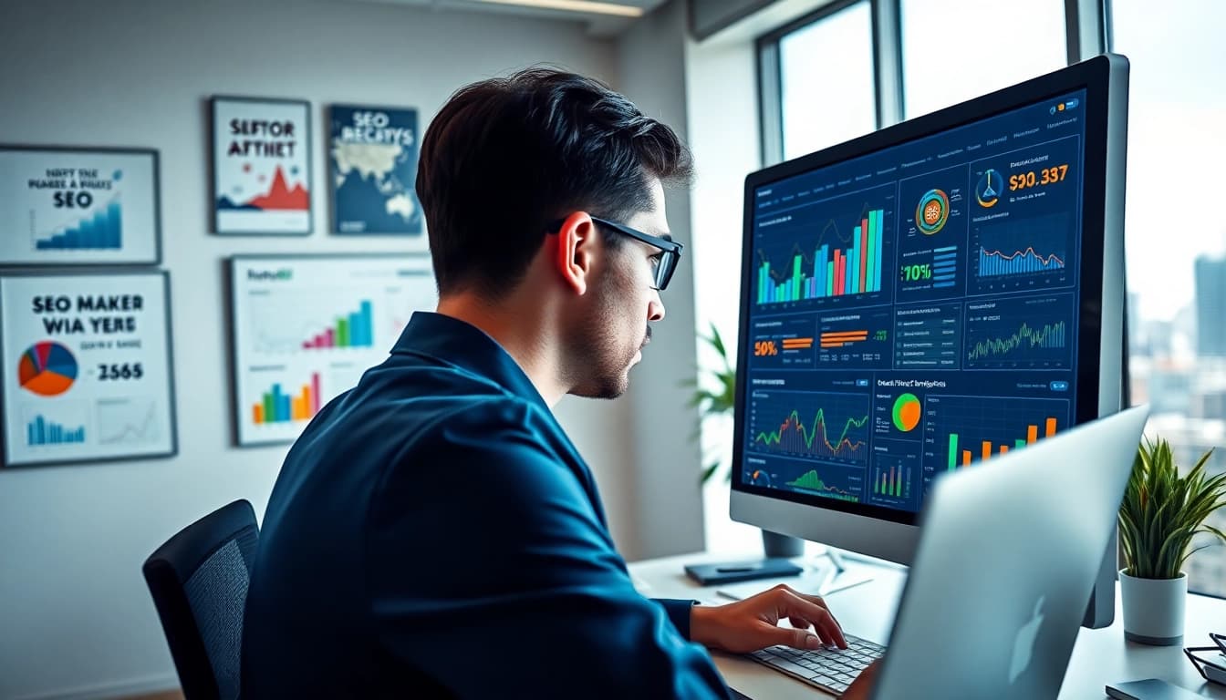 SEO expert analyzes website performance metrics in a modern office setting.