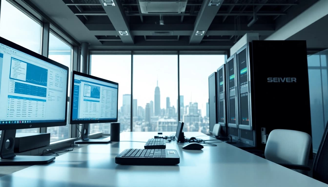 Streamlined server management interface at https://aminserve.com with multiple screens in a modern setting.