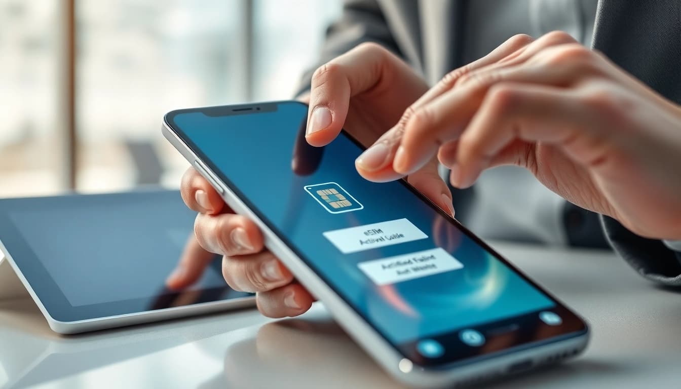Activate eSIM features effectively using https://esimfo.com with a modern smartphone setup illustration.