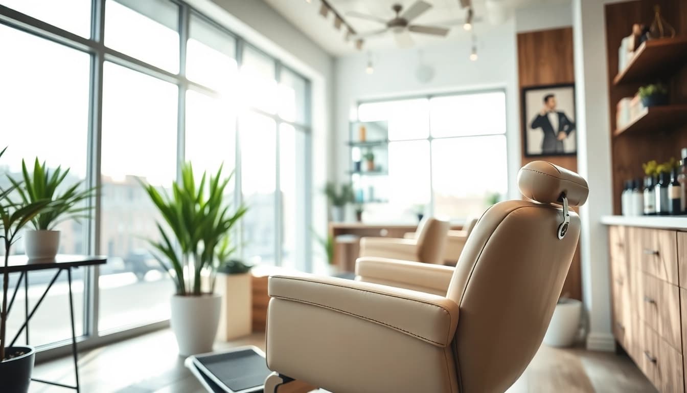 A vibrant frizerie craiova showcasing a stylish barber chair and modern grooming tools.