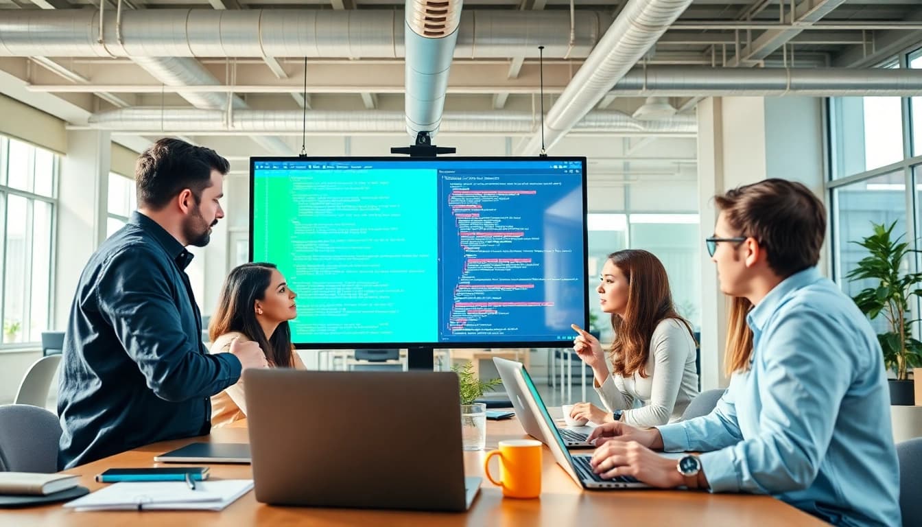 Creative team at a web development company collaborating on coding and design projects.