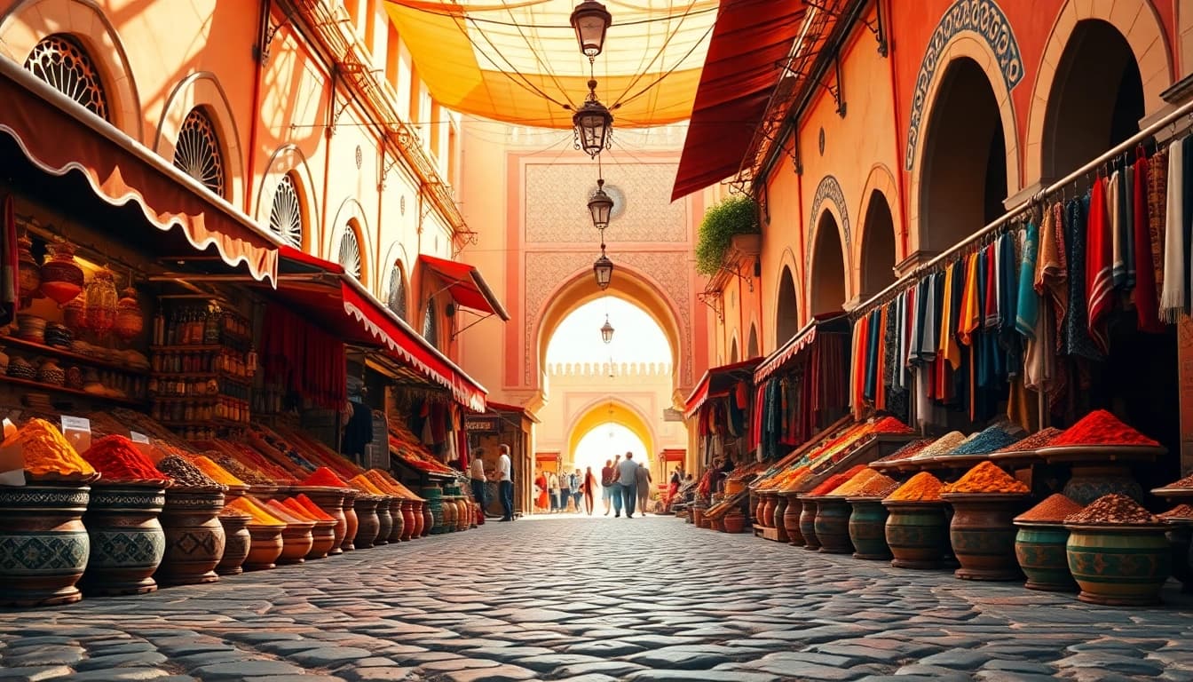 Engaging scene of morocco travel with bustling market filled with colorful spices and textiles.