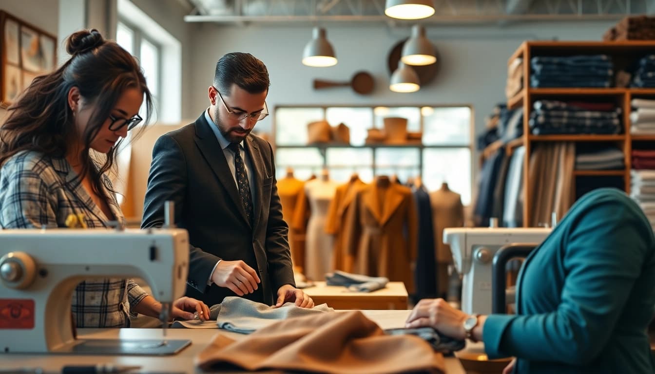 Tailor shop Nashville showcasing skilled craftsmen tailoring elegant garments.