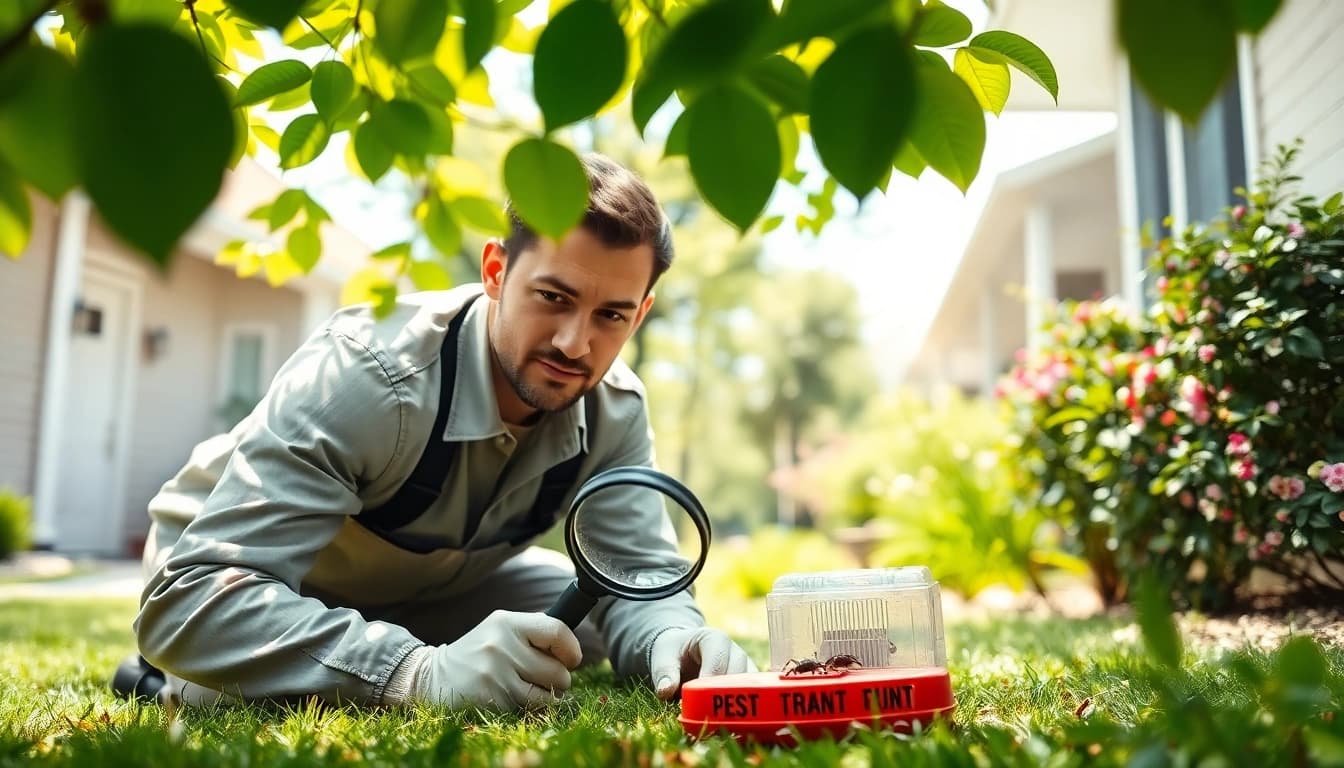Local insect removal company technician examining garden for pest control.