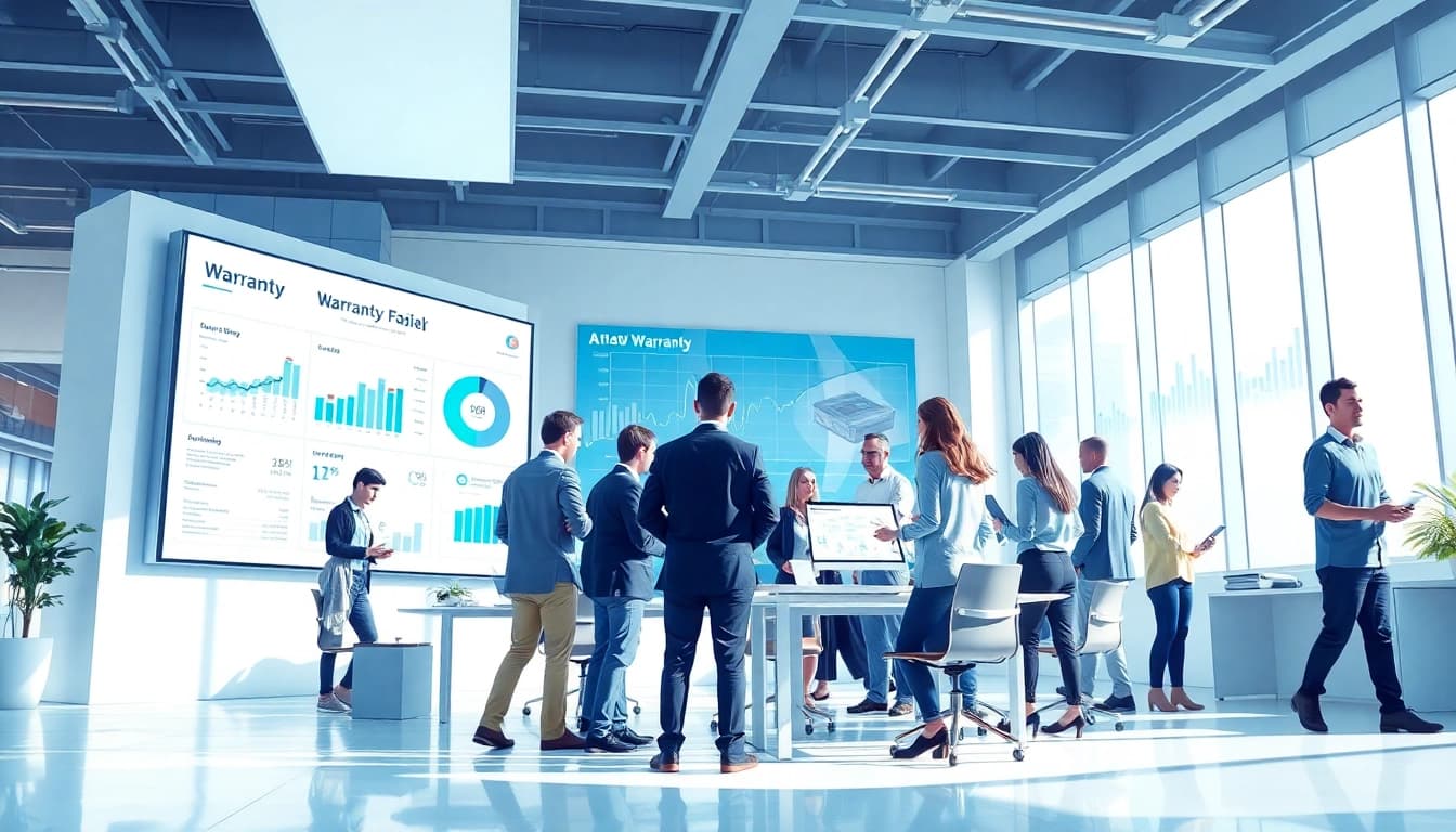 Dynamic scene depicting professionals collaborating in an AI powered warranty company office.
