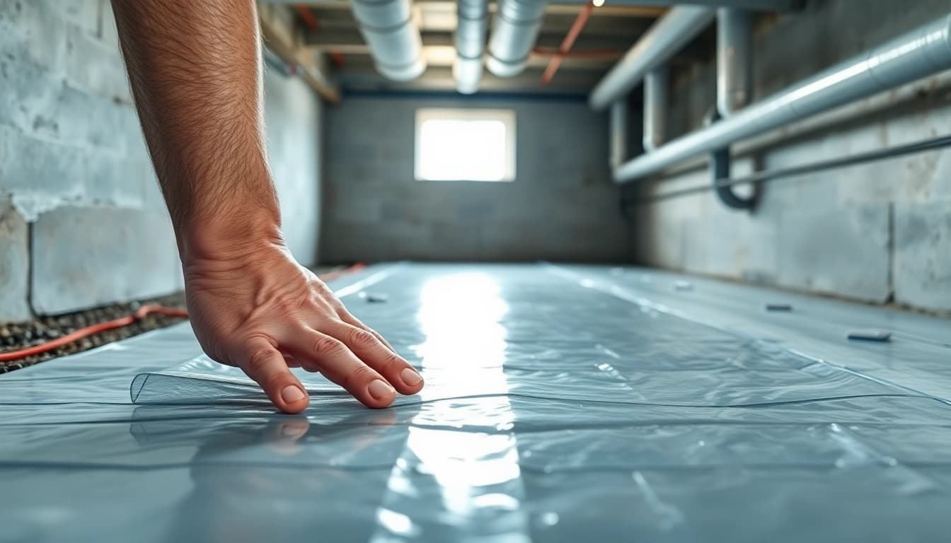 Vapor Barrier Installation by a technician in a well-lit crawl space shows effective moisture control.