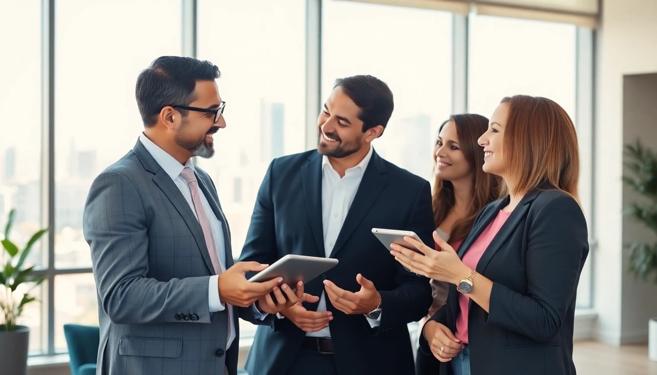 Engaging real estate agent assisting clients with property options in an inviting office.