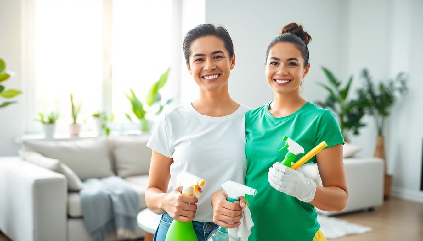 Enhance your space with our Cleaning Service featuring a happy cleaner using eco-friendly products.