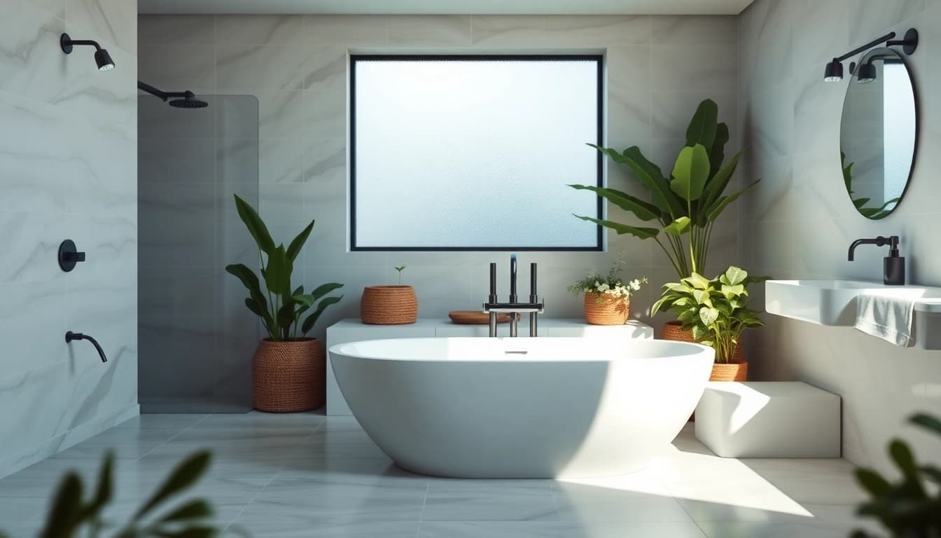 Elegant bath renovations showcasing a freestanding bathtub with modern fixtures and natural elements.