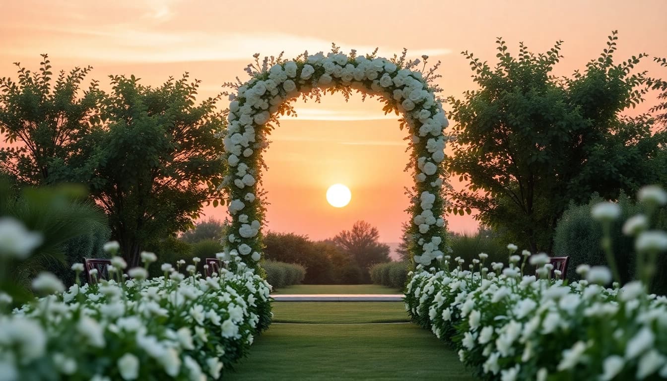 Wunderschöne Hochzeitslocation mit romantischem Garten und blühenden Blumen.