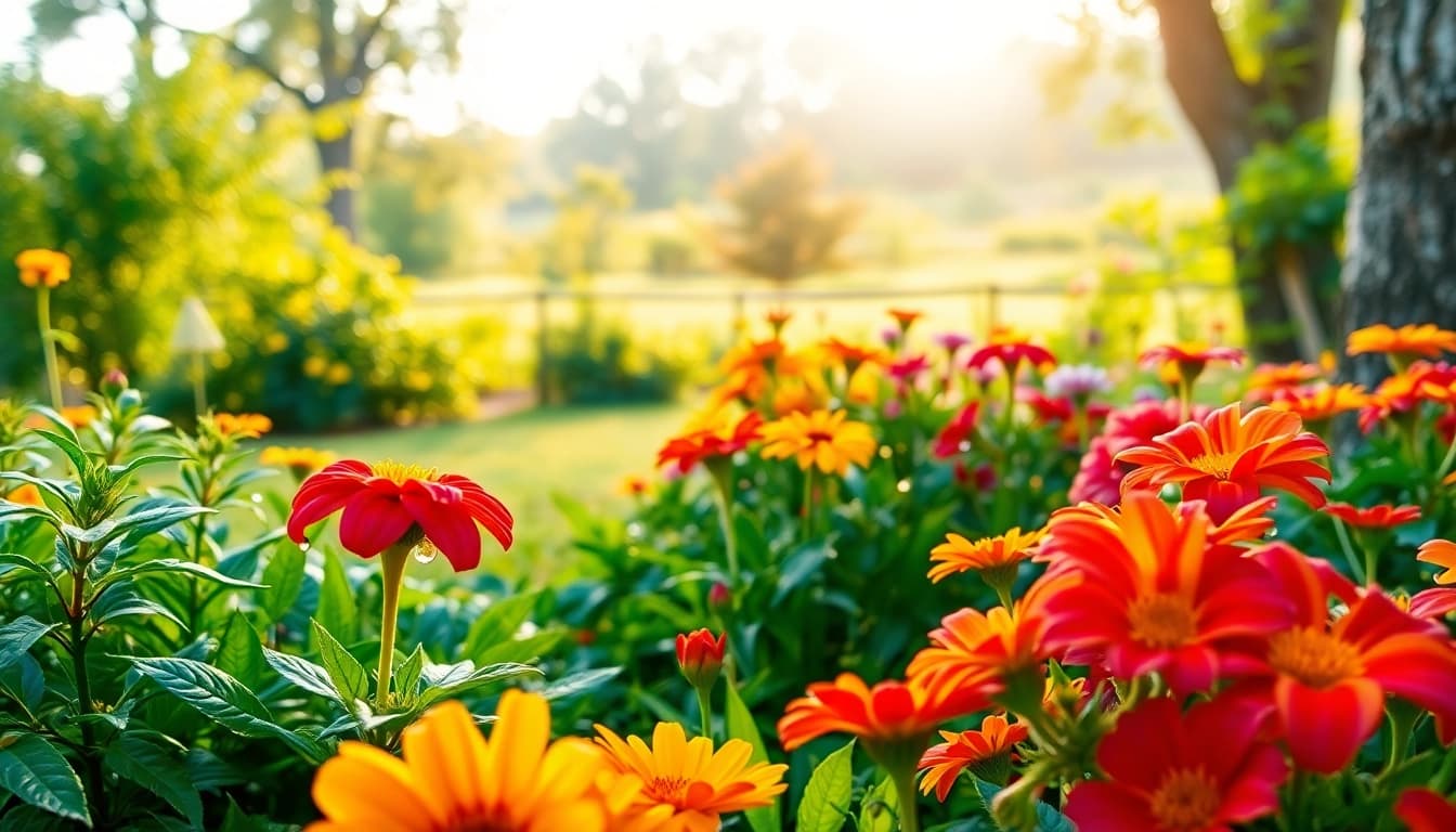Gardening scene with vibrant flowers and greenery creating a lush, inviting atmosphere.