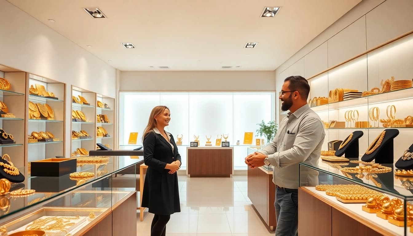 Compra oro di alta qualità in un negozio elegante e luminoso.