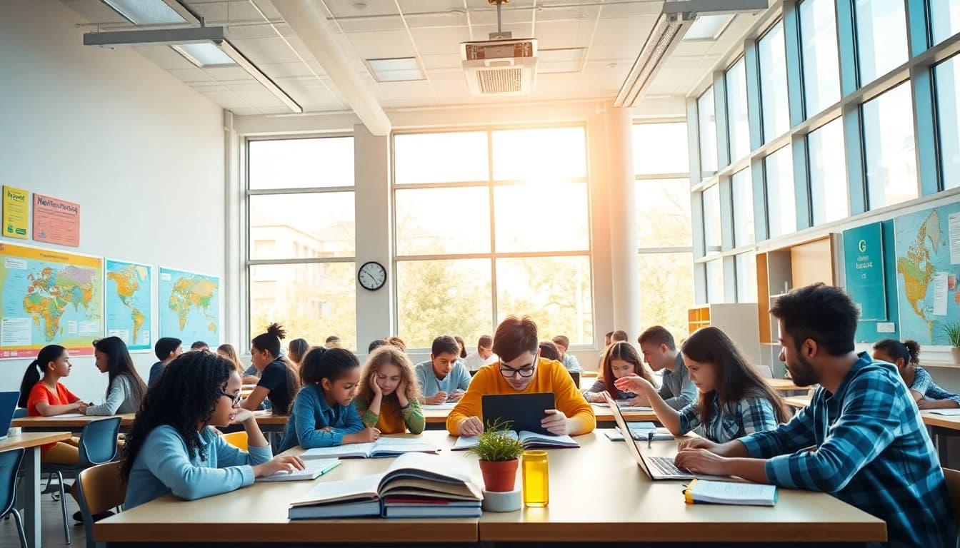 Innovative education scene showcasing diverse students engaged in learning.