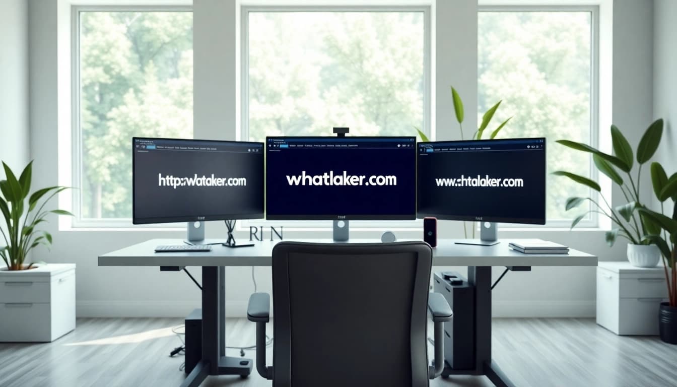 View of an organized workspace featuring https://whatalker.com on multiple screens, promoting productivity.