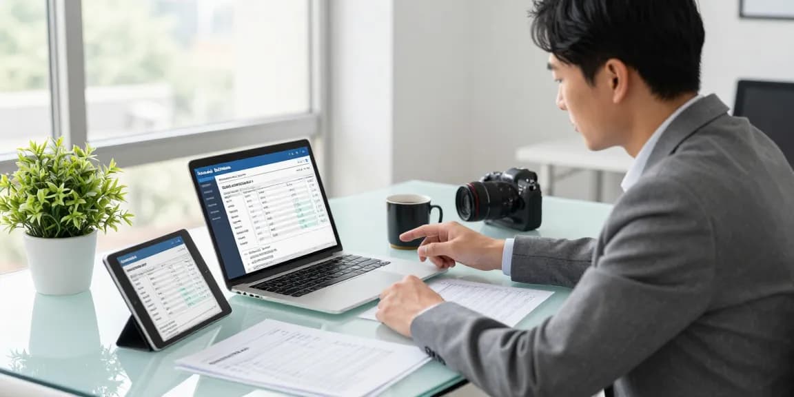 Detect fake invoice analysis at a modern office workspace with technology.